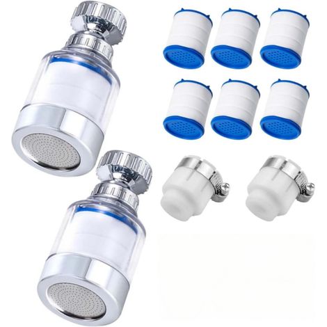 10 Pièces Filtre Robinet Anti Calcaire Universel, 2 Pièces Filtre eau Robinet à 360°, 6 Éléments Filtrants en Coton PP, 2 Adaptateur pour Maison, Cuisine, Salle De Bain, L'Évier