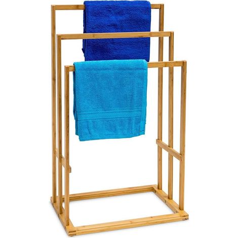 Porta Asciugamani Da Terra In Legno Bambu Carbonizzato 3 Braccia Piantana Bagno