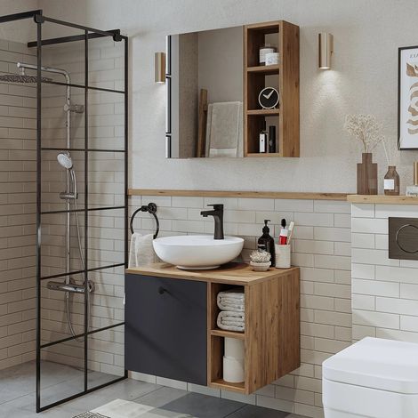 Lotus Bathroom Set of 2, Vanity Unit with Over Counter Wash Basin / Bowl and Mirror Cabinet, 65 cm, Oak Effect and Anthracite (1/5)