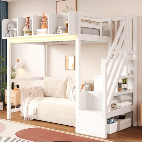 Cama nido 90 x 200 cm con almacenamiento, LED, escalera, blanco, REDOM (1/5)