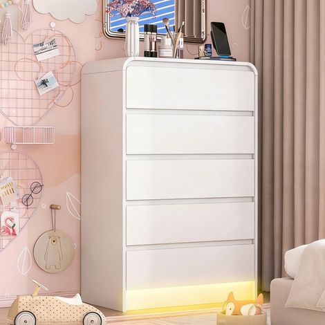 Commode 5 Tiroirs Blanc avec LED RGB, Meuble de Rangement Chambre Enfant, Anti-Basculement, Surface Étanche, Design Sans Poignée, 73x40x110cm (1/5)