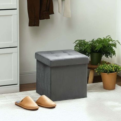 Pouf coffre rangement pliable, tabouret carré 37,6 L en tissu velours, charge 120 Kg, 38 x 38 x 38 cm, gris