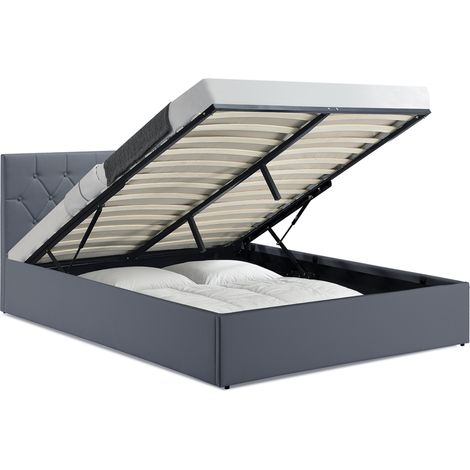 Idmarket – Lit coffre double AUSTIN 160 x 200 cm – Tête de lit capitonnée – Sommier relevable avec coffre de rangement – PVC gris (1/5)