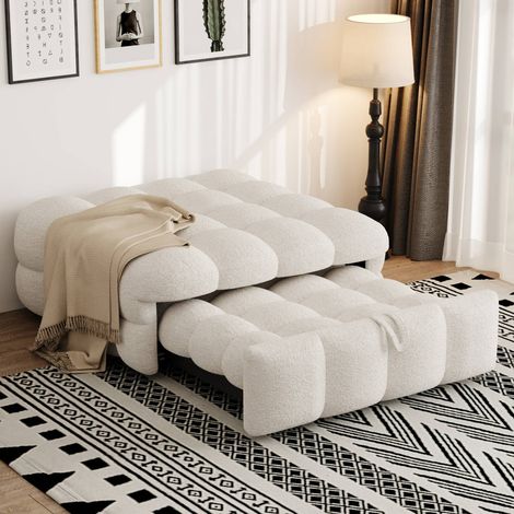 Lit convertible 2-en-1 avec pouf, canapé-lit extensible tissu teddy beige (1/5)
