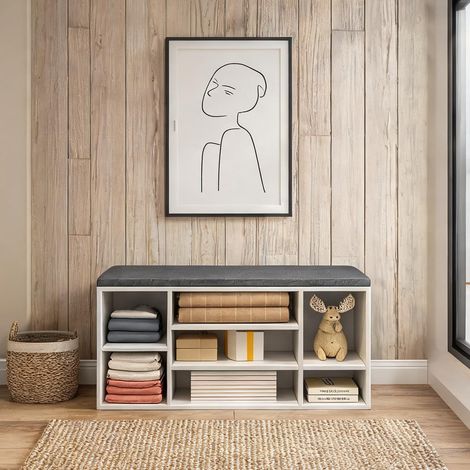 Banc de rangement en bois avec coussin gris et blanc en lin bois (1/5)
