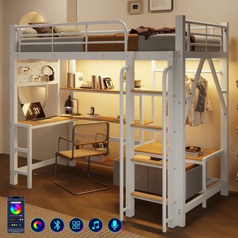 Cama alta 90x200 cm con estructura de hierro, panel perforado y múltiples estantes, cama litera infantil con cajones de tela, escritorio, puerto USB, barandilla de seguridad, barra colgante y tira LED (1/5)