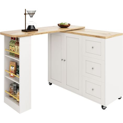 Table haute pivotante à 360° (135-203 x 39 x 106 cm) sur roulettes, blanche, avec trois tiroirs. Livrée avec porte-snacks. Îlot de rangement multifonction, adapté à la cuisine et au salon. (1/5)