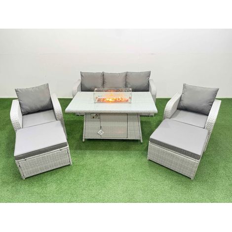 Fimous PE Rattan Garden Furniture Set Reclining Chair Sofa Lounge Sofa Set Firepit Dining Table 2 Big Footstool Light Grey (1/4)