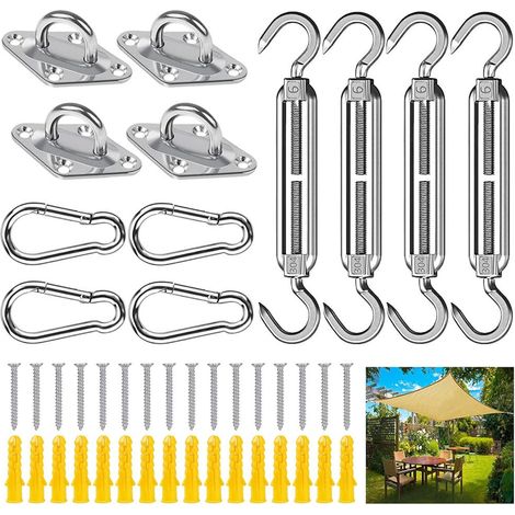 Kit de montage pour voile d'ombrage rectangulaire en acier inoxydable - avec mousqueton, tendeur, œillet - Kit de suspension pour voile d'ombrage (1/5)