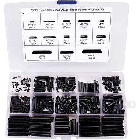 390 Pièces Goupille élastique en Acier au Manganèse Assortiment Kit M1.5 M2 M2.5 M3 M4 M5 M6 avec la Boîte