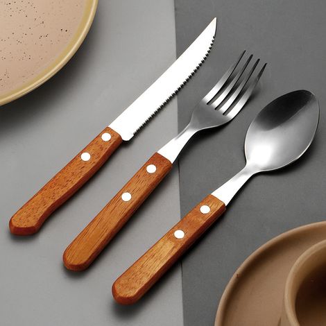 Ensemble 3 pièces couverts steak acier inoxydable manche bois, couteau fourchette cuillère, vaisselle élégante pour repas maison et barbecue (1/4)