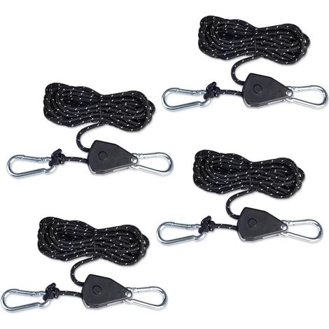 Set di 4 tenditori riflettenti regolabili, lunghi 4 metri, con corda da 4 mm, adatti per uso esterno come vele ombreggianti e tende da campeggio, di colore nero.