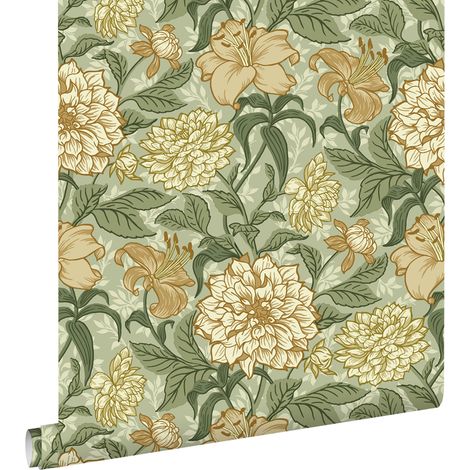papier peint fleurs vintage vert et jaune ocre  - ESTAhome (1/5)