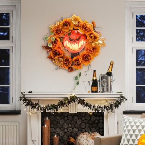 Couronne d'Halloween motif citrouille effrayante, feuilles d'automne, effets lumineux, plastique (1/5)