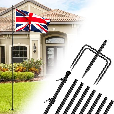 Mât de drapeau de jardin de 3 m, mât robuste de 300 cm avec support à 5 broches, kit de mât de drapeau d'extérieur extra épais (noir, sans drapeau) (1/5)