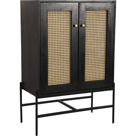 Rattan 2 Door Highboard Cabinet - Mango Wood/Iron - L45 x W80 x H120 cm - Black Finish with Natural Rattan - Assembly Required