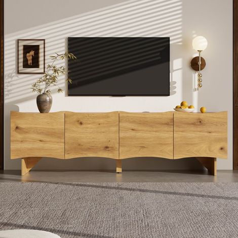 Meuble TV en bois 155  x 36 x 47 cm  avec rangement et 4 portes vagues et gestion des câbles et aspect bois pour le salon  Naturel