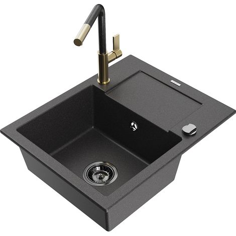 Mexen Enzo évier en granit 1 cuve avec égouttoir et robinet de cuisine Flora, noir moucheté - 6506-76-670401-75-B (1/5)
