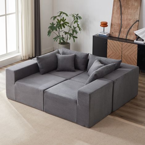 Sofa modular in L-Form, Cord und Schaumstoff, Grau, montagefrei, frei kombinierbar, leicht zu bewegen (1/5)