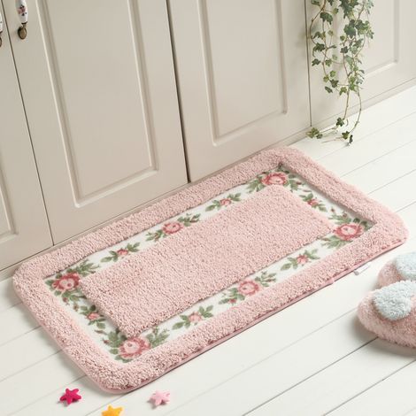 Tapis de bain absorbant à poils longs à fleurs roses, tapis antidérapant lavable pour salle de bain, cuisine, 17,7 x 29,5 pouces (1/5)