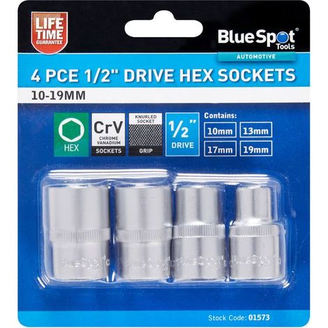 BlueSpot 4pc 1/2" Drive Metric Shallow Hex Sockets Socket Set 10mm - 19mm (1/2)