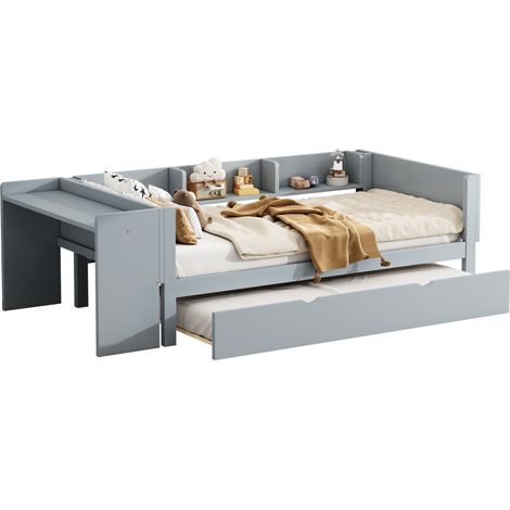 Lit 90 x 200 cm avec lit gigogne, bureau intégré et trois étagères latérales, gris, en bois de pin et MDF, chambre enfant - CHICFURN (1/5)
