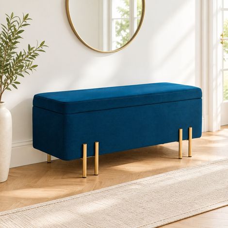 Banc de rangement rembourré avec coffre, tissu bleu foncé 100 x 40 x 42 cm OKMYHOME (1/5)
