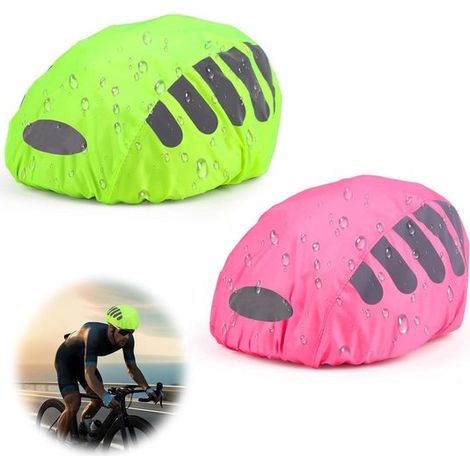2 housses de pluie pour casque de vélo - Protection imperméable avec bandes réfléchissantes - Convient à tous les casques de vélo (vert / rose)-AquaForge (1/5)