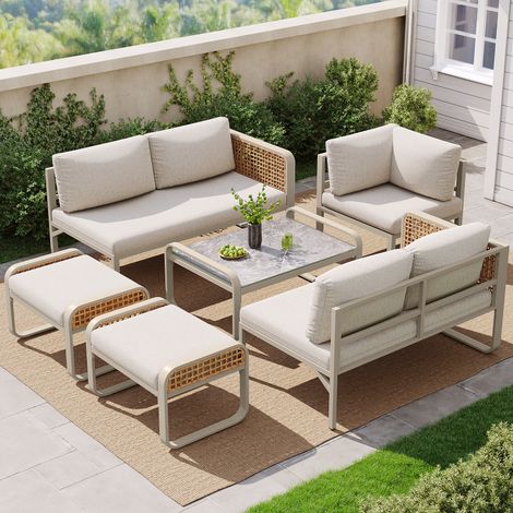 7-Sitzer Gartenmöbel aus Metall und Rattan mit 2 Sofas, Tisch, Sessel, 2 Bänken und dicken Kissen, Beige