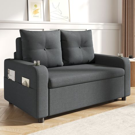 Canapé-lit 3 en 1, convertible en lit, avec porte-gobelet, poches latérales, coussins et port USB. Design moderne, idéal pour le salon et la chambre. Gris. (1/5)