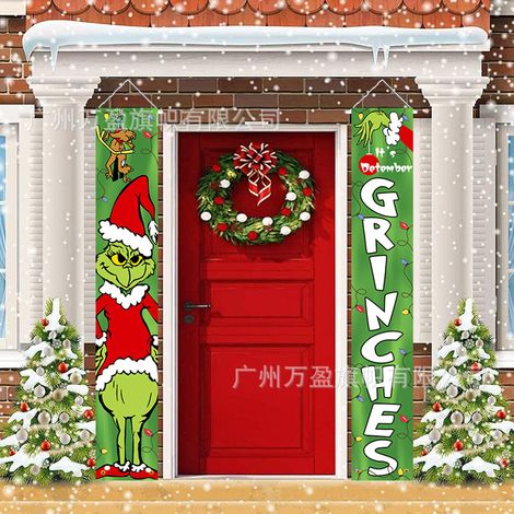 2 distiques de Noël, décorations extérieures, drapeaux extérieurs, tissu à suspendre Joyeux Noël, décoration ambiance festive Drapeau suspendu Grinch 180 cm x 30 cm Tissu polyester 100D (1/4)