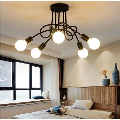 Luminaire Plafonnier Edison 5 Têtes Metal Fer Industriel Creative Noir , Lampe de suspension Vintage Luminaire E27 Rétro Salle de Salle à Manger Chambre D'hôtel Accueil Accessoires D'éclairage - Noir (1/5)