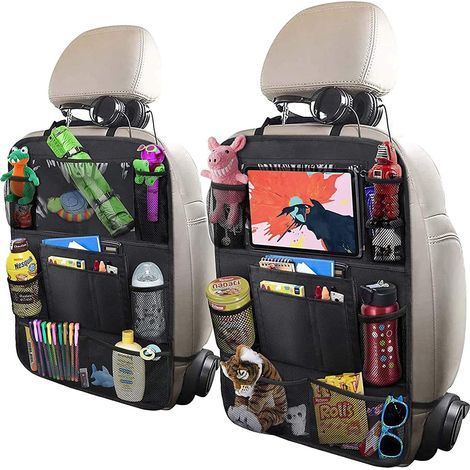 Organisateur de siège arrière de voiture avec support de table de 25 cm, 9 poches de rangement, protections de dossier et tapis anti-coups de pied pour enfants et tout-petits, lot de 2 (1/5)