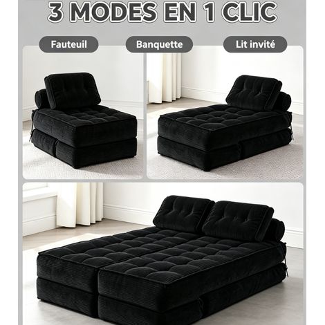 Canapé lit pliable 3 en 1 velours côtelé noir, fauteuil de sol ergonomique mousse mémoire, meuble compact gain de place pour studio, salon (1/5)