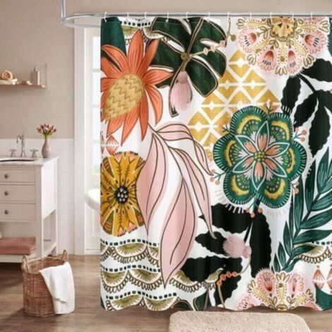 Ensemble de rideau de douche floral bohème avec crochets, rideaux de douche en tissu de feuilles tropicales pour décoration de salle de bain vintage rustique, rideau de douche à fleurs colorées, 72 x