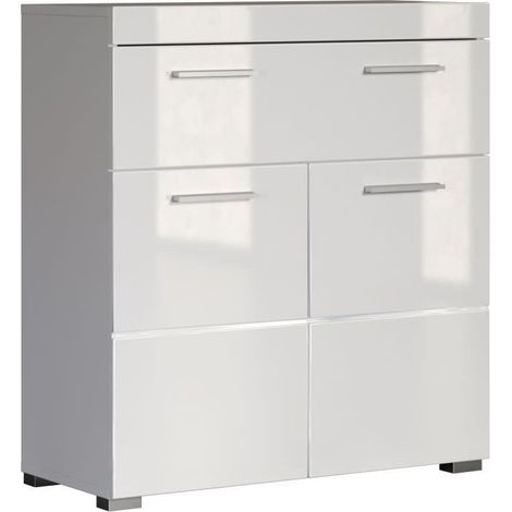Meuble sous vasque simple 73cm – 2 portes pivotantes – 1 tiroir blanc brillant – Panneaux de particules haute qualité – Dimensions L 73 x P 31 x H 79 cm – Trendteam (1/10)