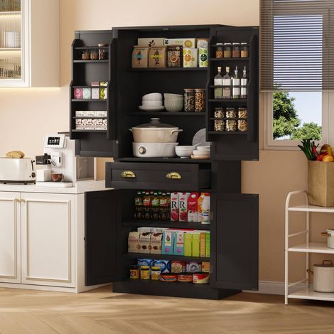 Geschirrschrank MDF Schwarz 80x40x182 cm mit 4 Türen, 1 Schublade, 6 Türablagen und 4 verstellbaren Einlegeböden (1/5)