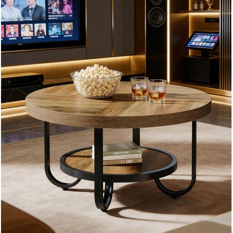 Table basse ronde 2 niveaux MDF métal noir OKMYHOME (1/5)