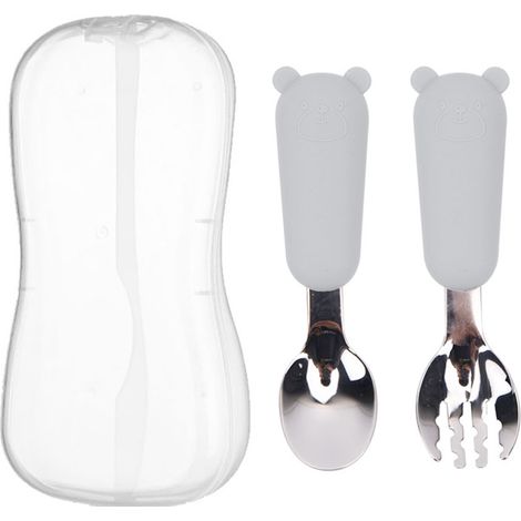 2 pièces Couverts pour enfants, cuillère et fourchette, manche court en acier inoxydable 316, tête en silicone alimentaire, pour bébés et tout-petits (1/5)