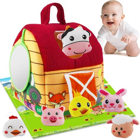 Baby Toy 6 Months Plush Farm Animals, Montessori Games with Barn, Rattles, Mirrors, Sensory Toy for Babies 0-6 Months, Baby Gift for 3, 6, and 9 Month Old Boys and Girls