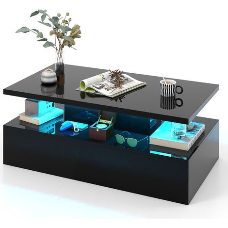 Tavolino da caffè a due livelli 110 x 60 x 40 cm con luci LED multicolori design contemporaneo MDF nero lucido 200013744