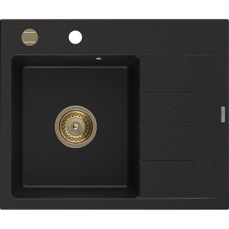 Mexen Ben lavello in granito 1-vasca con scolapiatti, sinistro 600 x 500 mm, nero, sifone dorato - 6522605000-77-G (1/5)