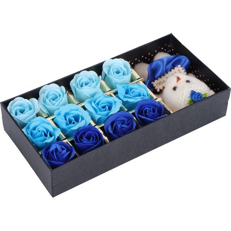 Coffret cadeau de 12 roses en savon aux couleurs dégradées (fleurs en PE) + ours en peluche, cadeau festif et créatif (12 roses + ours en peluche bleu dégradé). (1/5)
