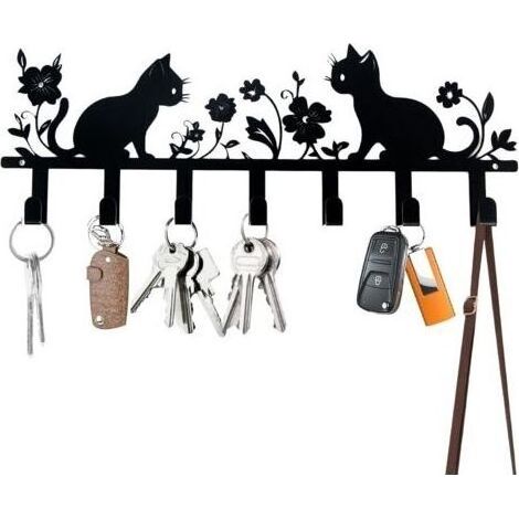 Porte-clés mural, porte-clés mural chat, porte-clés mural noir, porte-clés mural avec 7 crochets, porte-clés mural pour hall d'entrée, salon, cuisine, porte-clés mural, porte-clés mural décoratif (1/5)
