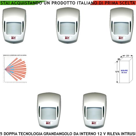Rilevatore Movimento Per Antifurto Cinque Doppia Tecnologia Grandangolo Portata 15 MT da Interno Rileva Intruso Entro 90 Gradi Aliment. 12 V Assorbim. 10 mA Infrarosso Lente 18 Fasci Bianco Snodo ABS (1/4)
