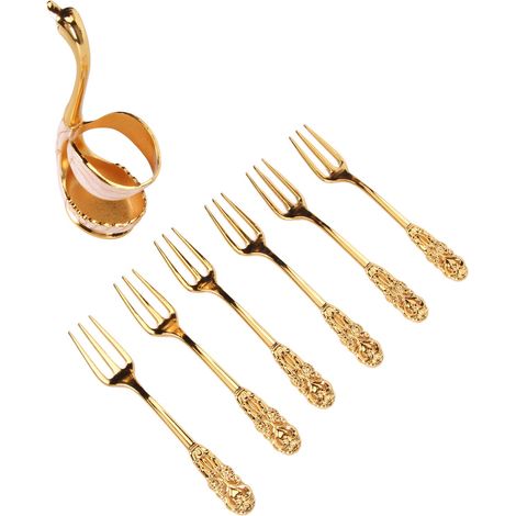 Ensemble de 6 fourchettes à café et à dessert avec support de rangement en forme de cygne en métal. Comprend 6 fourchettes adaptées au café, aux fruits et aux desserts.