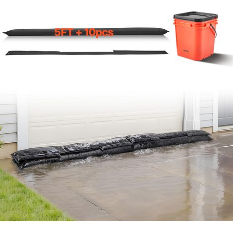 VEVOR Barrera Antiinundación Activada por Agua, 10 Bolsas de 152 x 21 cm con Cubo, Reutilizable, Capacidad de Absorción de Agua 11,83 kg, Dispositivo de Protección para Puertas, Sótanos y Garajes