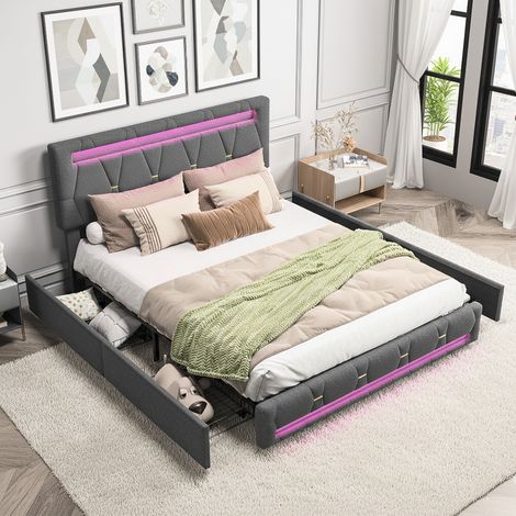 Lit double capitonné 140x200cm, lit adulte avec éclairage LED et charge USB, 4 tiroirs, sommier à lattes, tête de lit relevable, sans matelas, gris (1/5)
