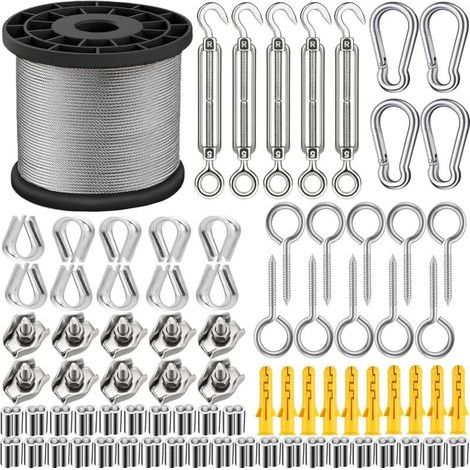 95PCS Corde en Acier Inoxydable à Suspendre Kit/Kit de câble de jardin/câble d'image/Kit de clôture/Câble métallique robuste en acier inoxydable 304, tendeur M5 de fil et crochet (50MM/165FT-1) (1/4)