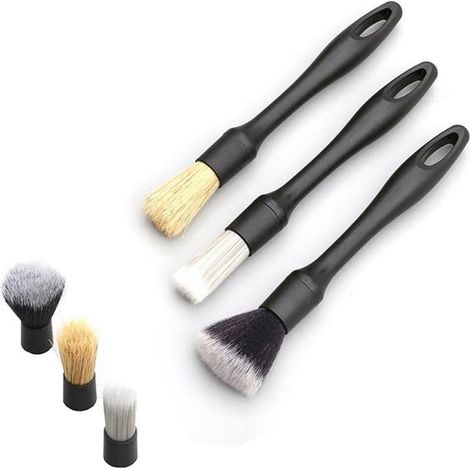 Brush Set - Car Detailing Brushes - For Interior Seats Tires Emblems Grilles - 3 Brushes + 3 Replacement Heads - Black (1/5)